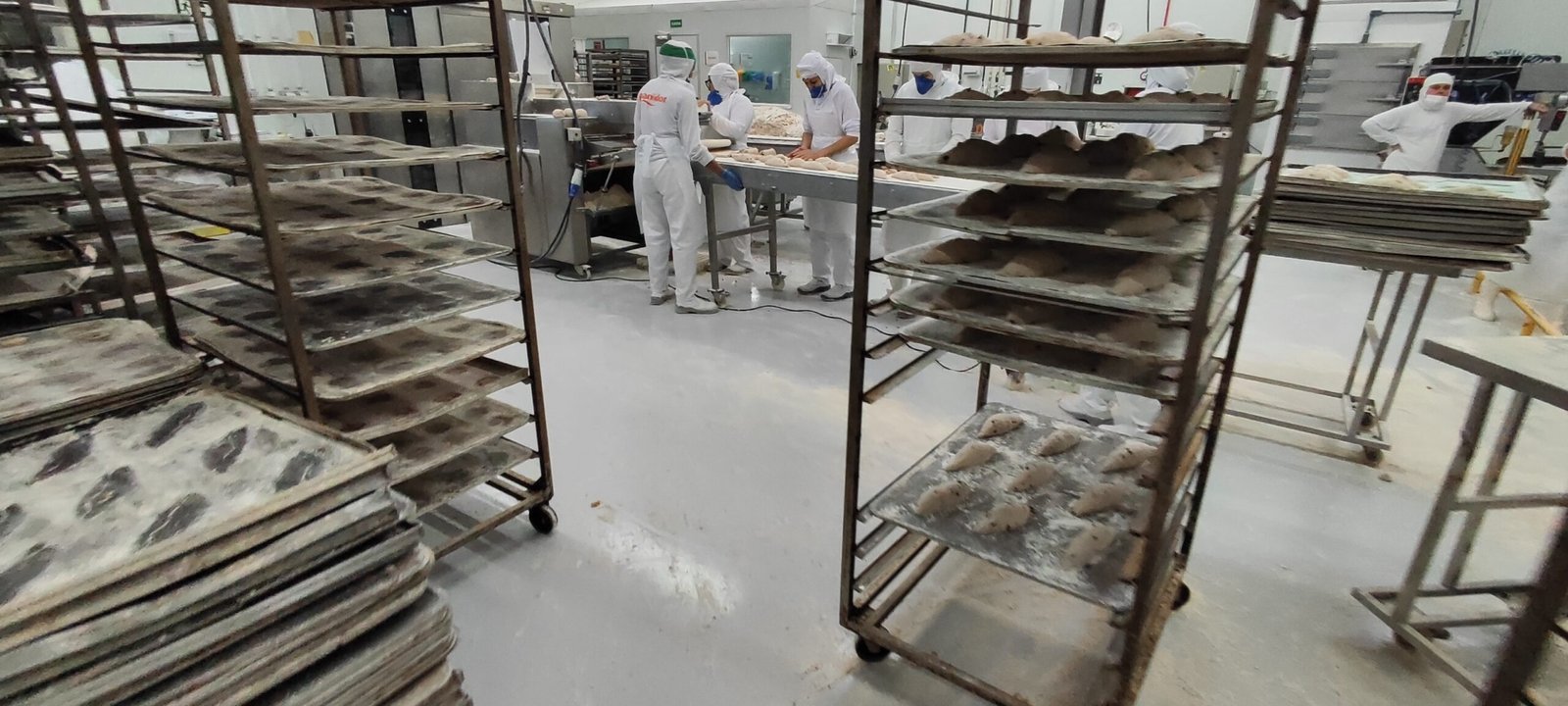 Linha de produção de panificação com piso epóxi cinza, funcionários manipulando massas e carrinhos com assadeiras.