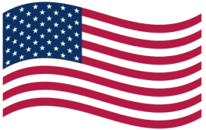 Ilustração da bandeira dos Estados Unidos ondulando, com listras vermelhas e brancas e um retângulo azul com estrelas brancas no canto superior esquerdo.